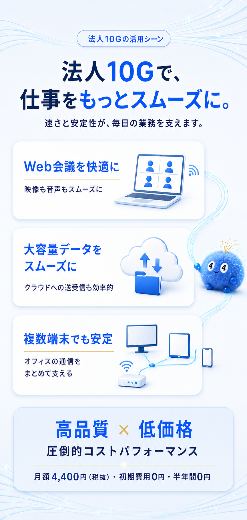 Web会議、大容量データ、複数端末など、法人・店舗で10G光回線を活用するイメージ