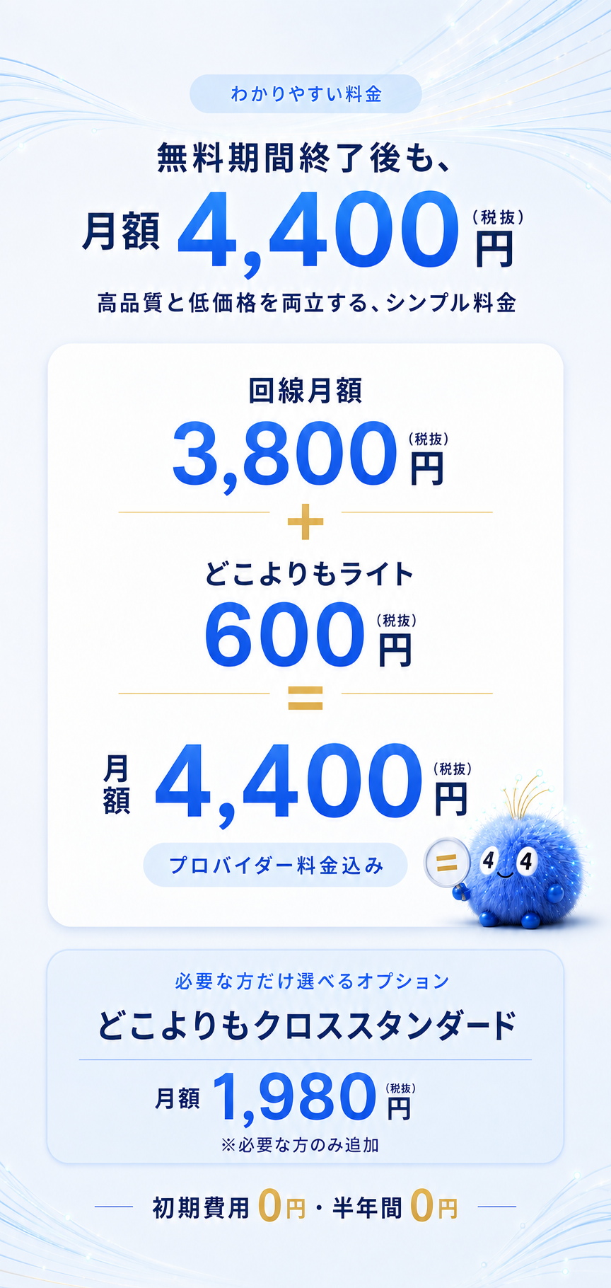無料期間終了後も月額4,400円。回線月額3,800円とライトのプロバイダー月額600円、プロバイダー料金込み