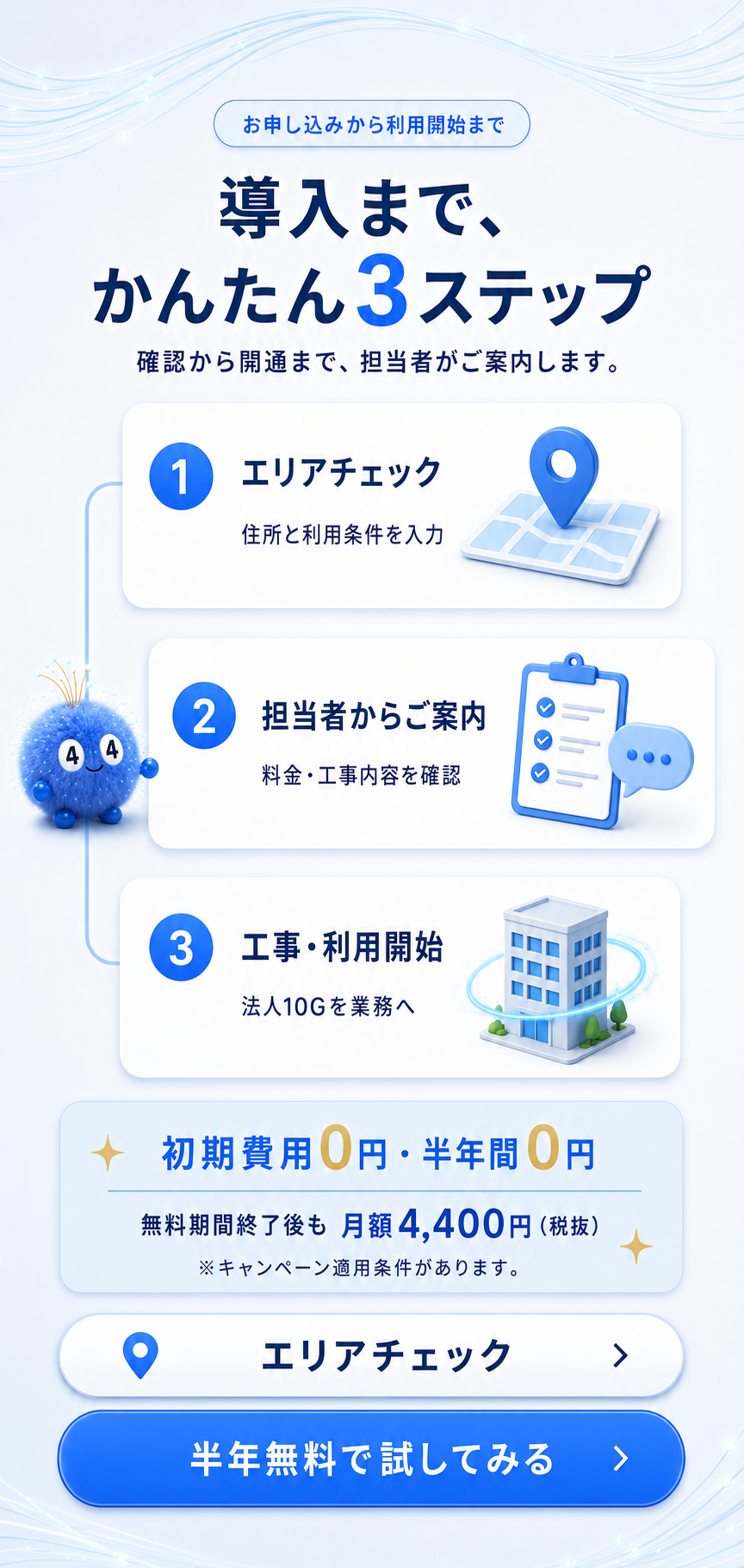 エリアチェック、担当者からの案内、工事と利用開始の簡単3ステップ